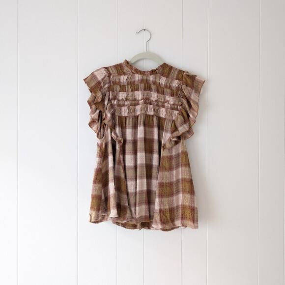 NWTO Free People Brown Ruffled Smocked Blouse - Picture 1 of 5